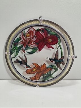 Vtg 1978 Glass Masters Hummingbirds & Orchids 10 Inch Hanging Suncatcher Garden